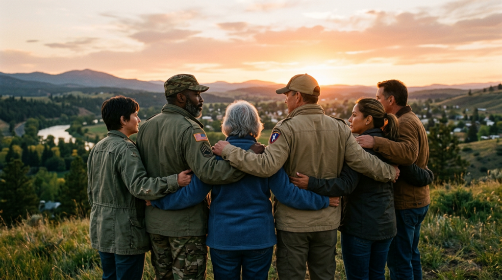 Veterans and family standing together at sunset
